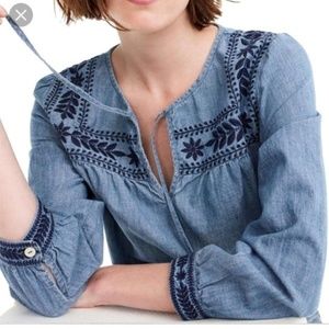 J. Crew Blue Embroidered Chambray Top